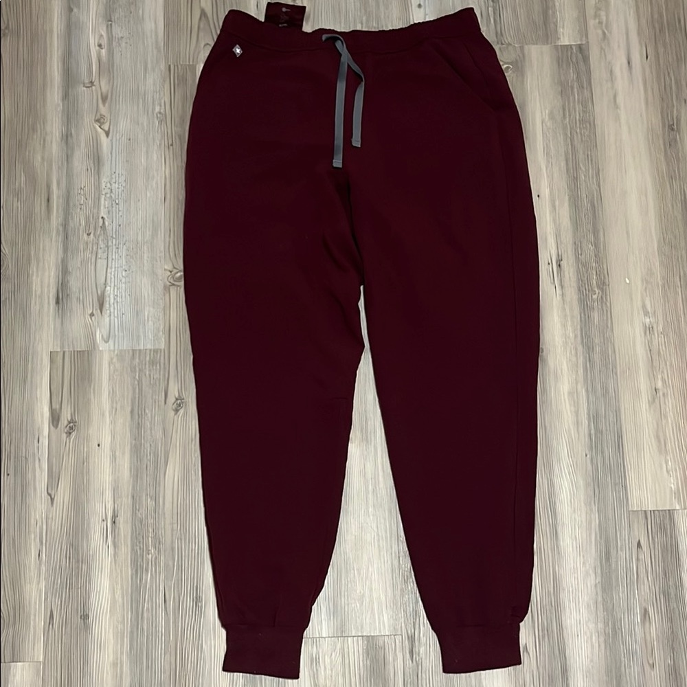 Burgundy FIGS Jogger Pants Scrubs with Gray Drawstring
